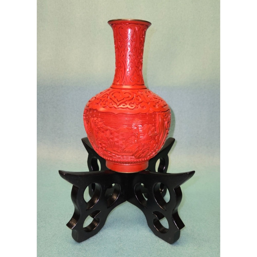 Vintage 8" Chinese Red Carved Cinnabar Lacquer Landscape Vase with 4" Stand